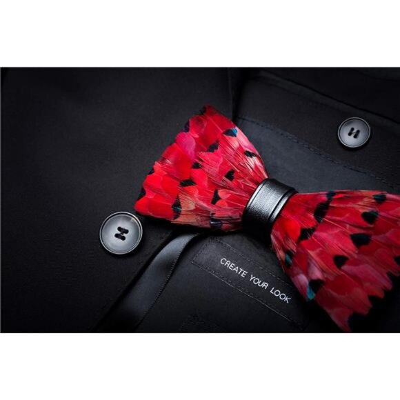 Handmade Feather Pre-tied Bow tie Red - Picture 6 of 6